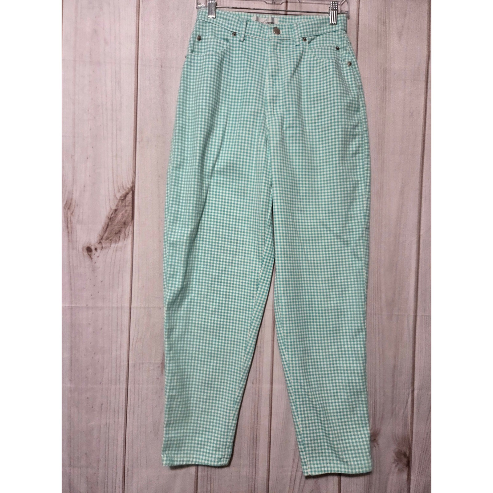 Casual Corner Vintage Gingham High Waisted Pants Teal White Size 8 USA Spring