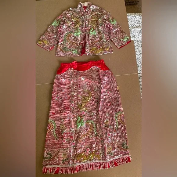 Vintage Custom Handmade Fully Beaded Sequined Traditional Chinese Wedding Dress
