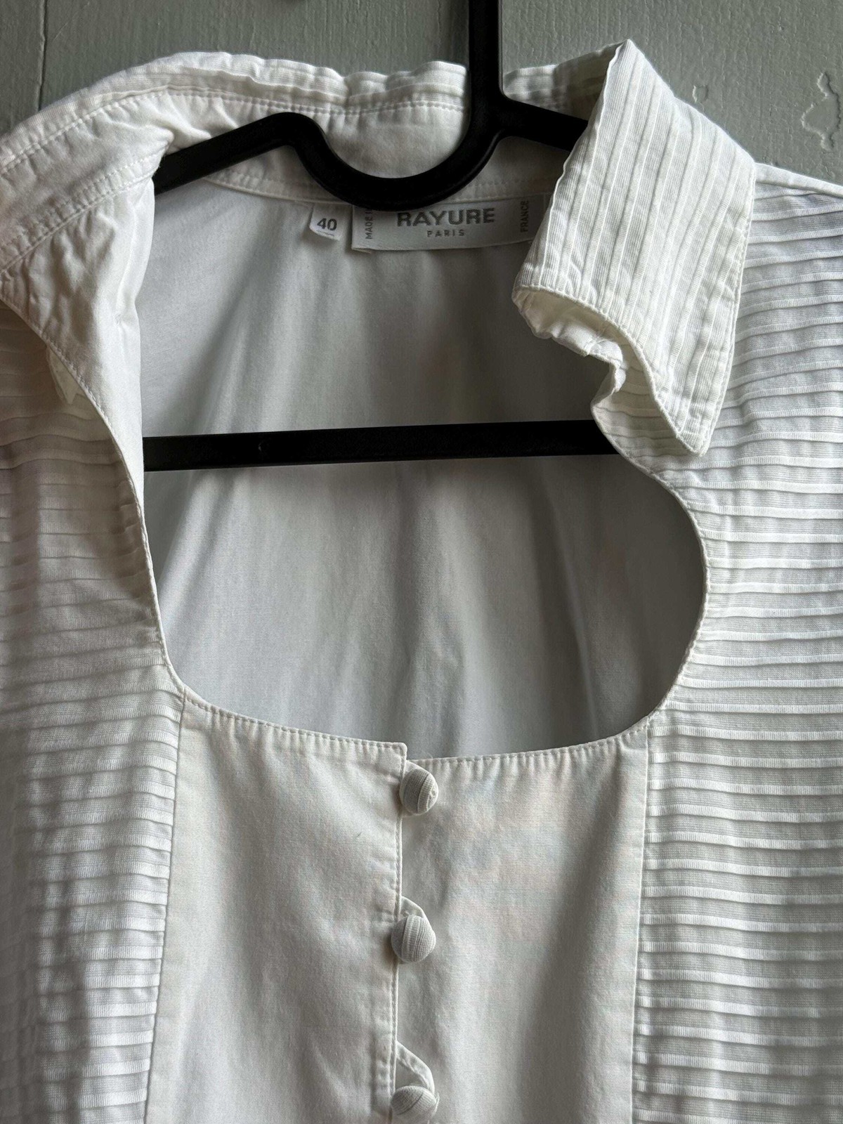 Vintage Rayure Paris white cotton woman blouse, cut out neckline, FR 40 – S