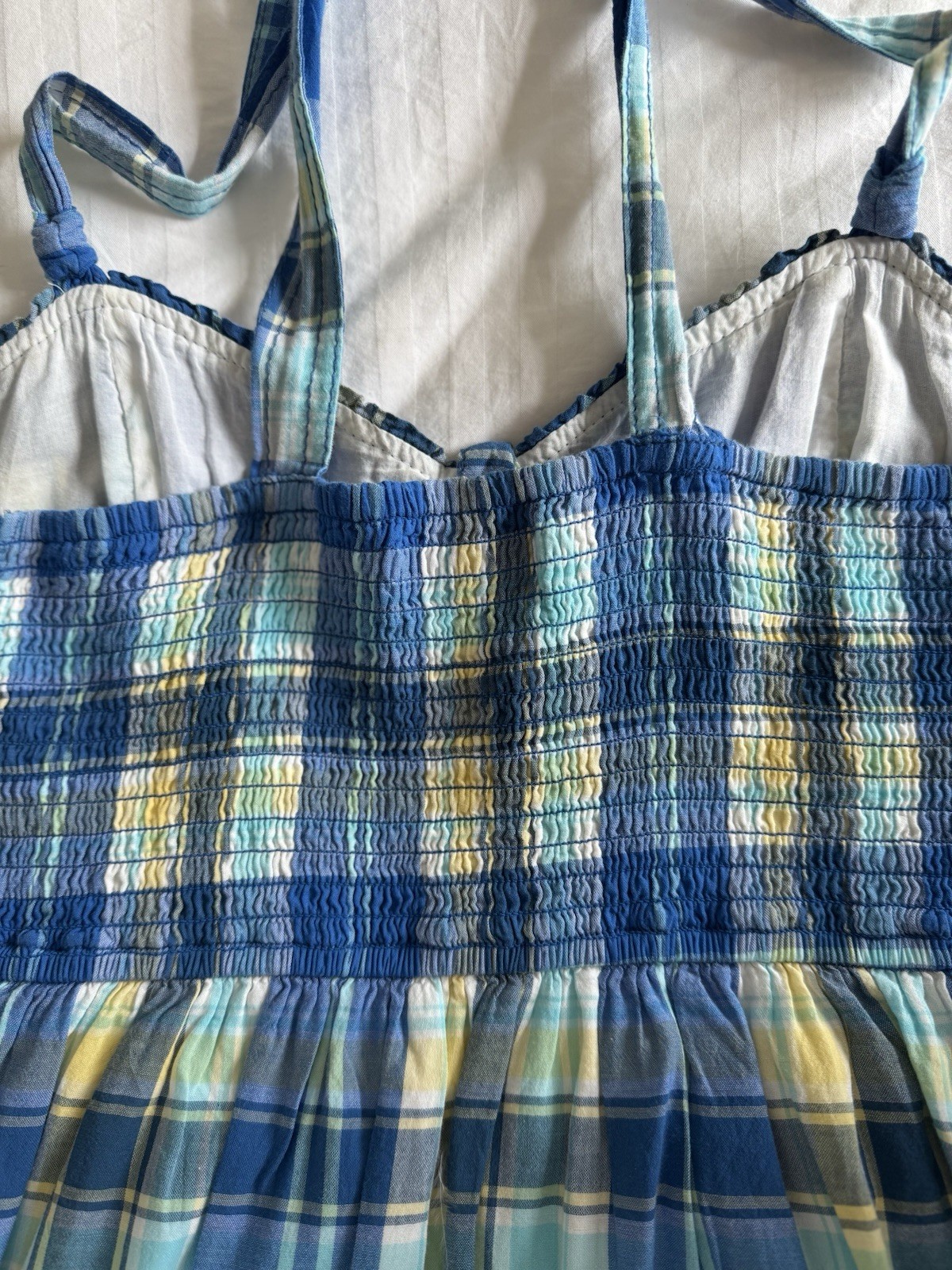 Vintage Y2K Abercrombie Blue Yellow Green Plaid Smocked Mini Sundress Sz Medium