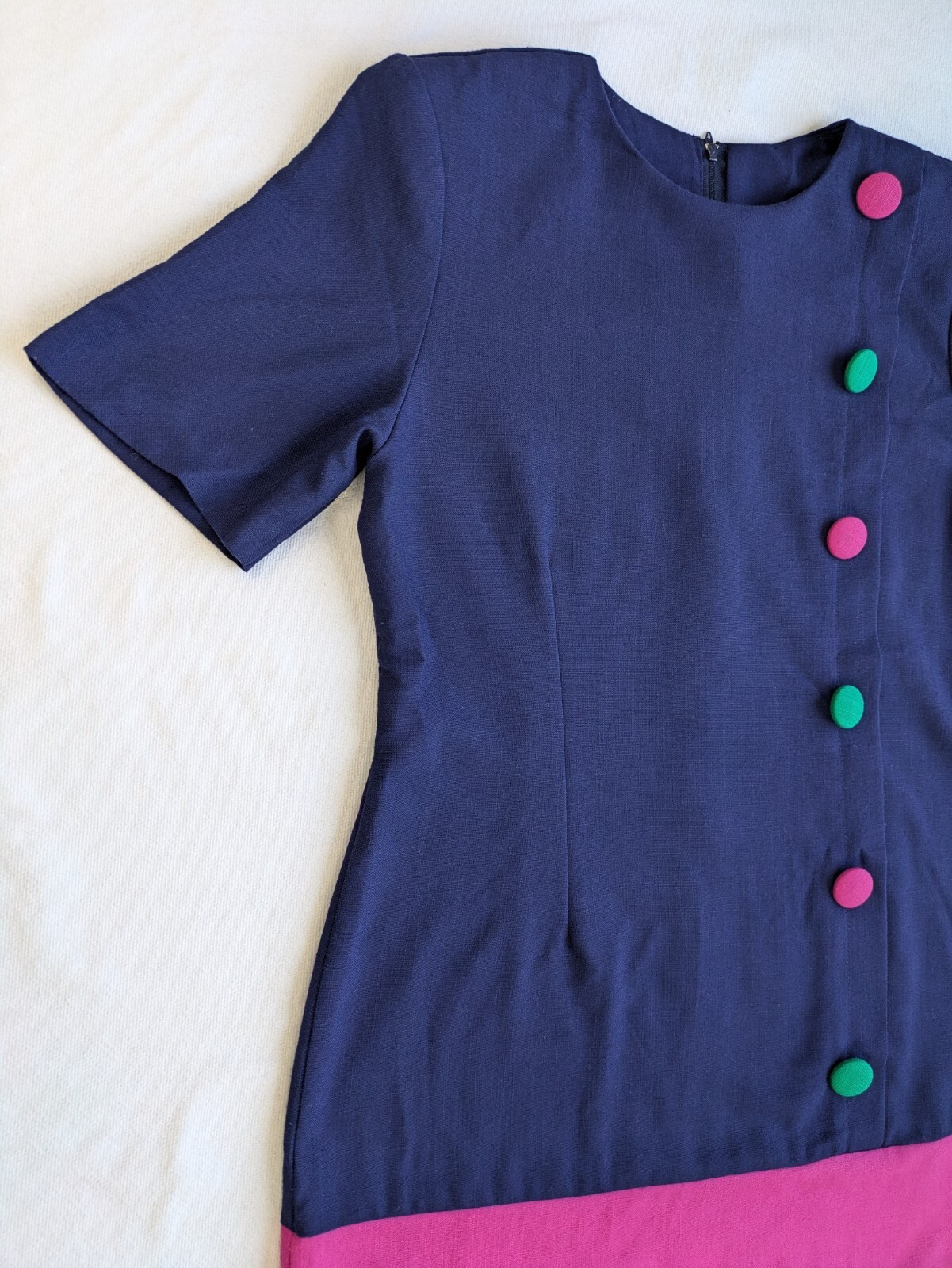 Womens Vintage Dress 80’s Navy Pink Green 4 Petite