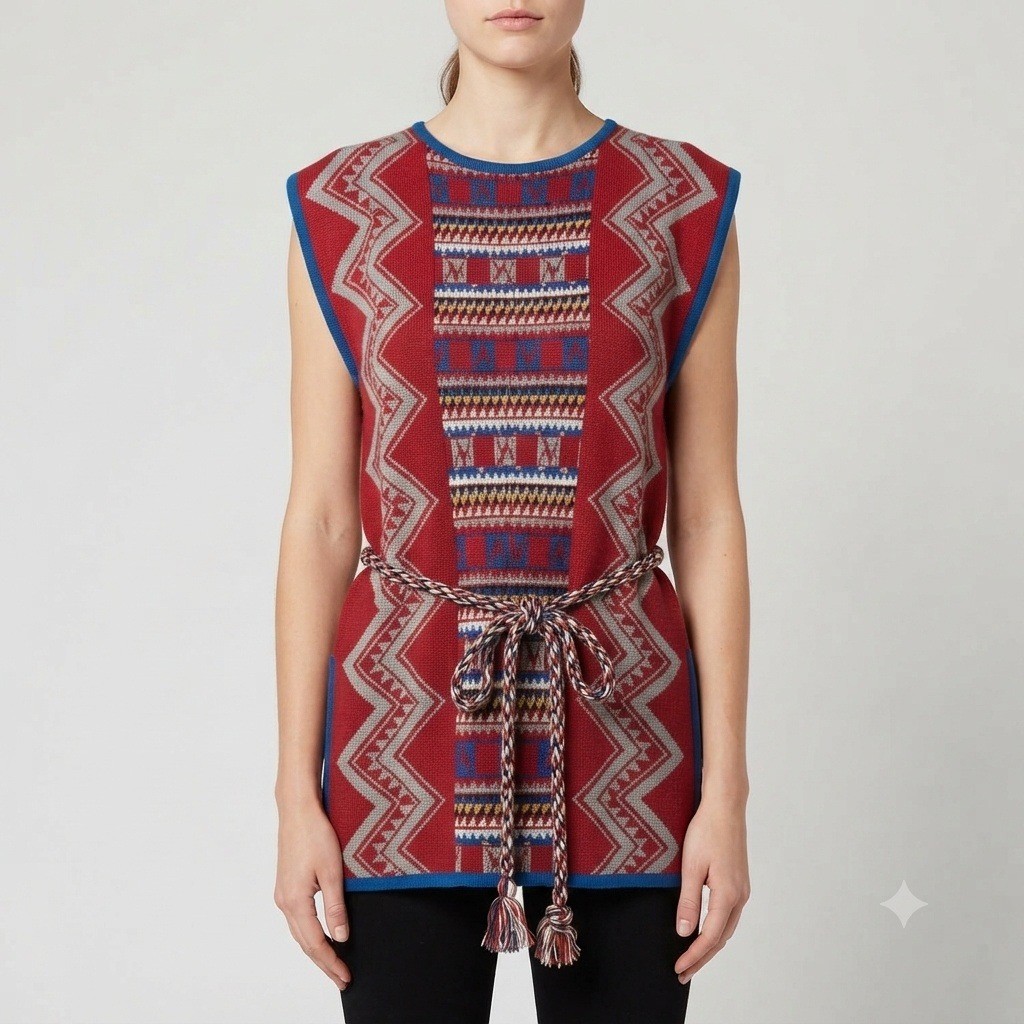 Vintage Womans Small Sleeveless Small Southwestern Wool Blend Tunic Braided Belt