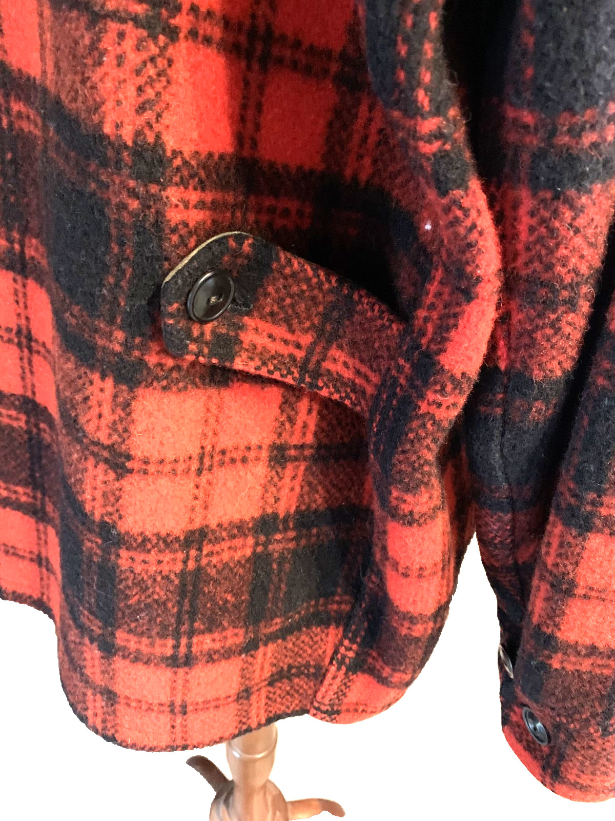 VTG MELTON Red Black Plaid Zippered Jacket Coat Pockets YKK Zipper Size Large