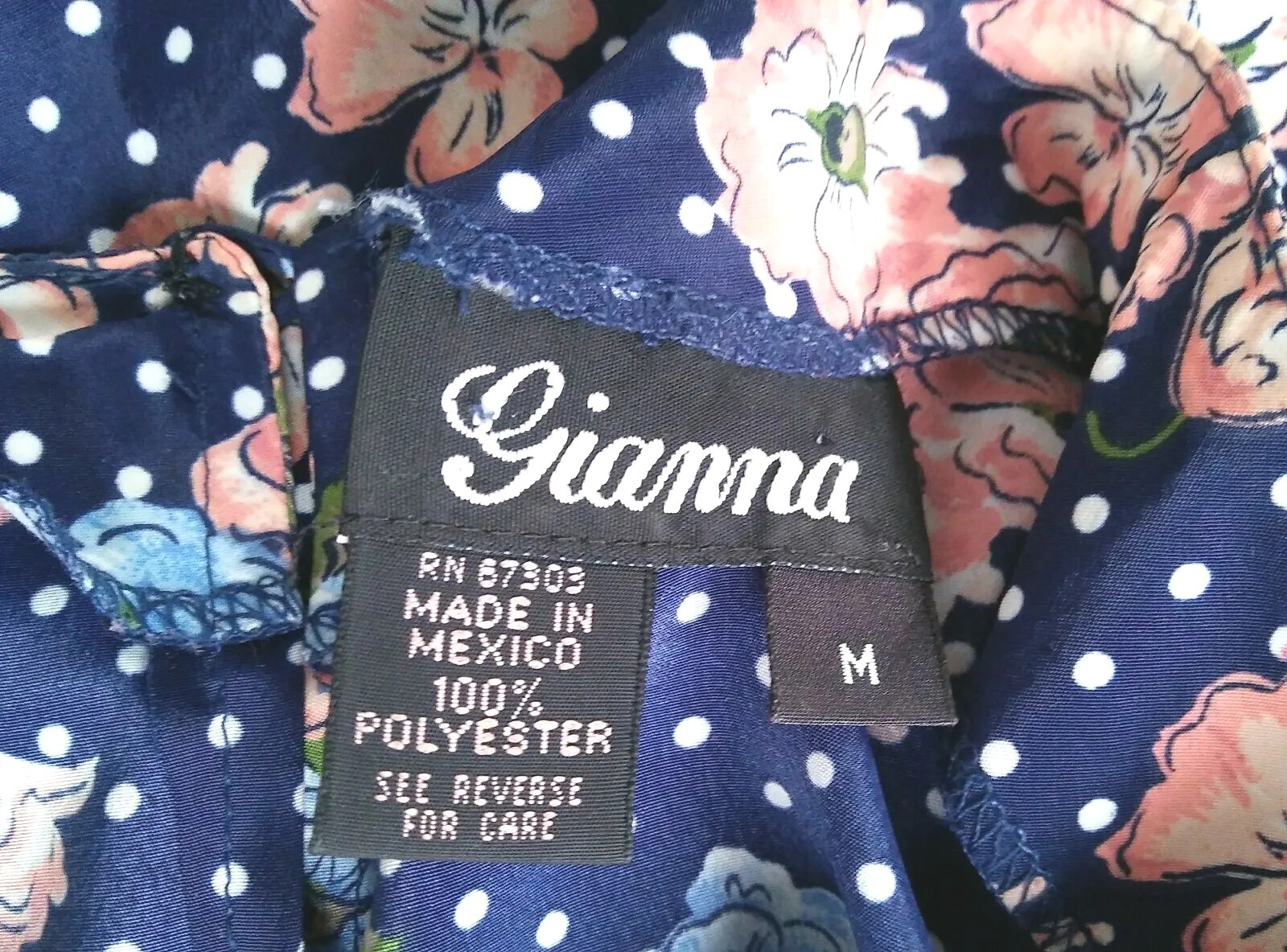 Vintage Gianna Navy Blue Blouse with Polka Dots & Florals Size Medium