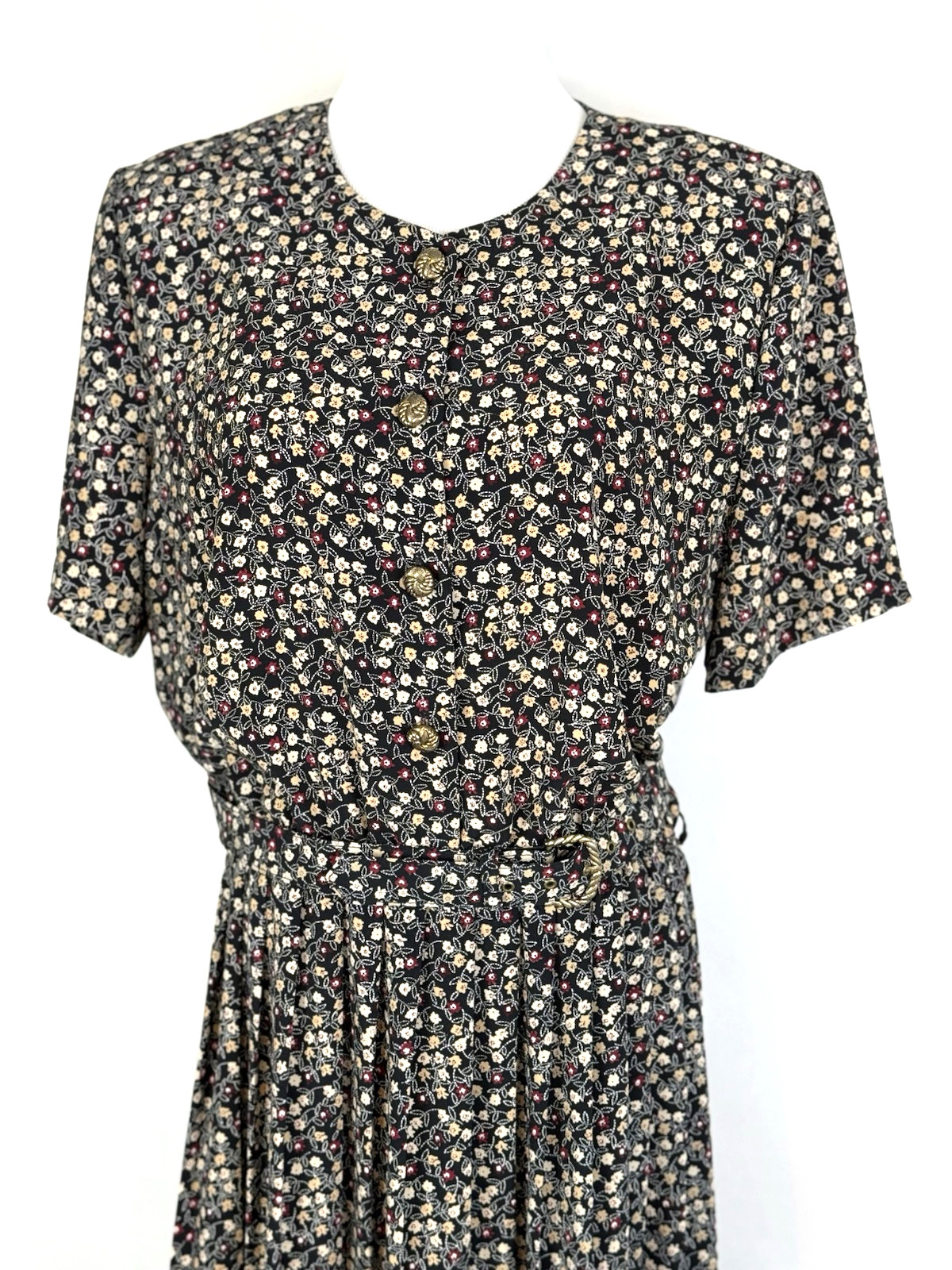 Leslie Fay Womans Size 14 Dress Floral Black Vintage Belted Midi Classic Modest