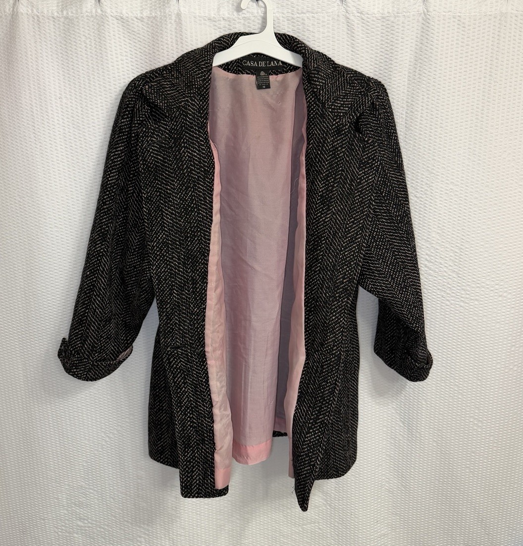 Vintage Casa De Lana Uruguay 100% Pure New Wool Herringbone Pink Lining Coat 16