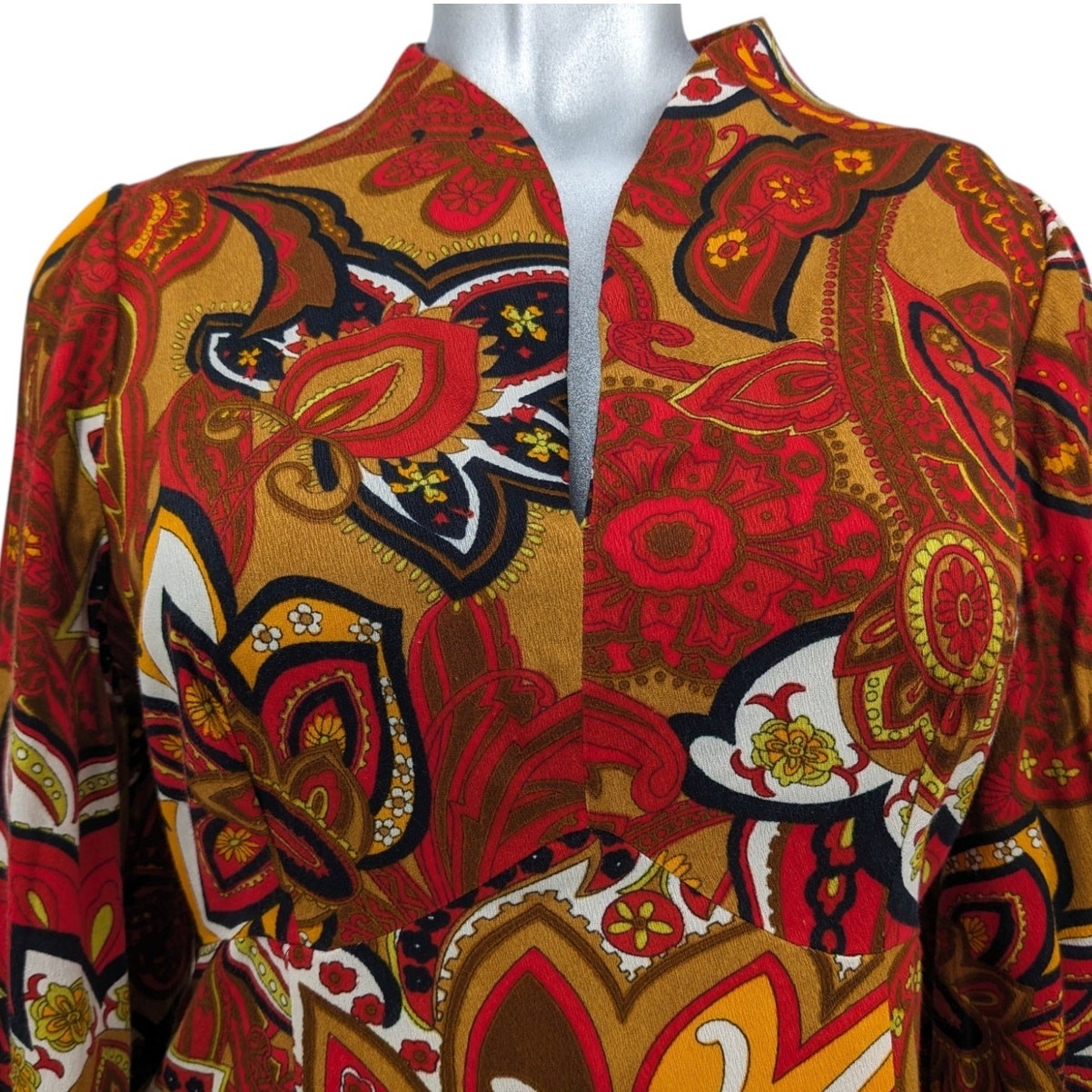 Vintage 1970s Handmade Psychedelic HAWAIIAN MAXI DRESS Empire Waist Long Sleeves
