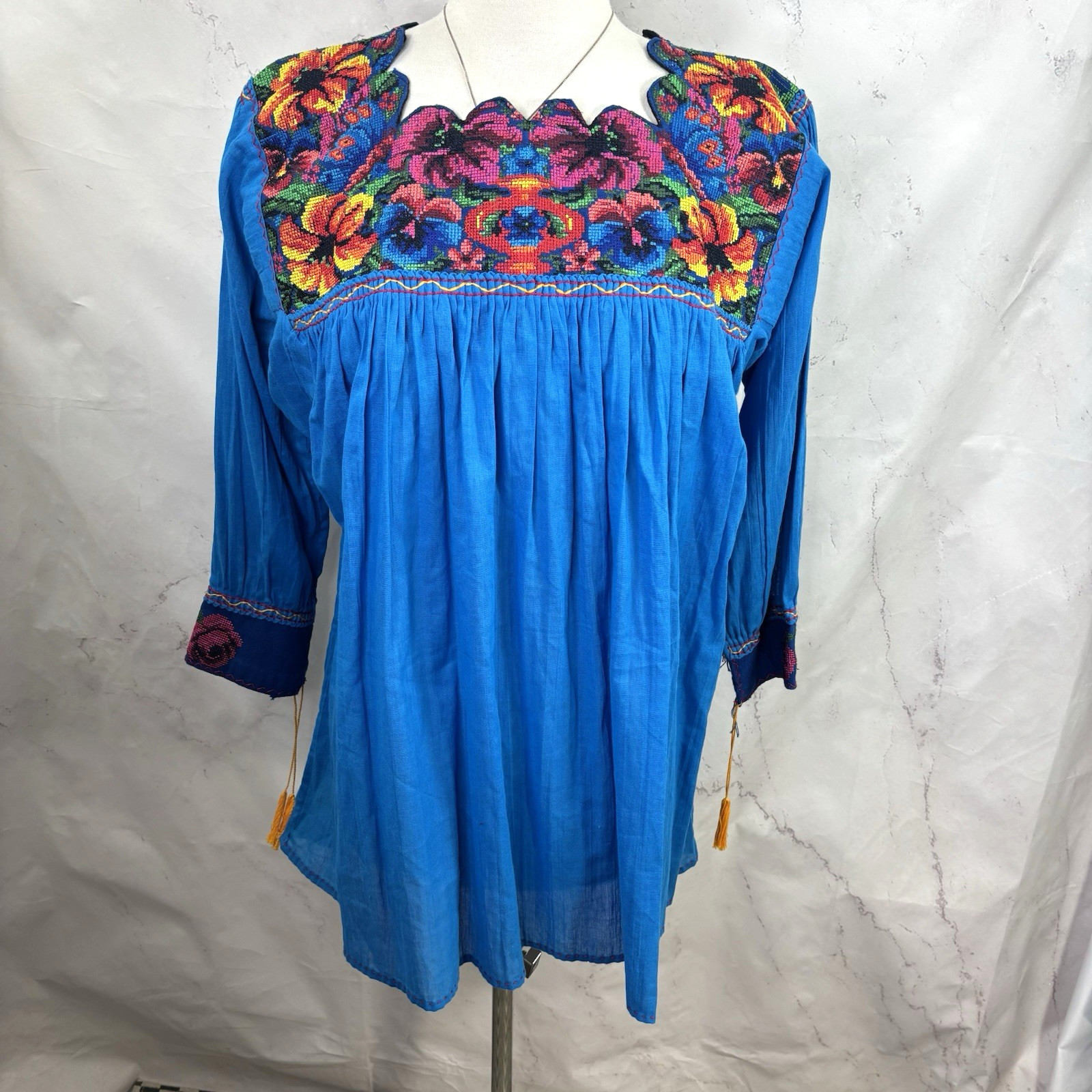 Vtg 70s Mexican Embroidered Cotton Tunic Blouse Boho Peasant Green Huipil M