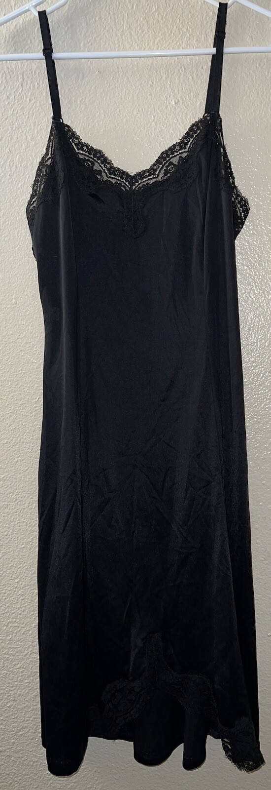 Black Full Slip Dress Lace Lined Silky Soft Nylon Adjustable Straps Vintage 34