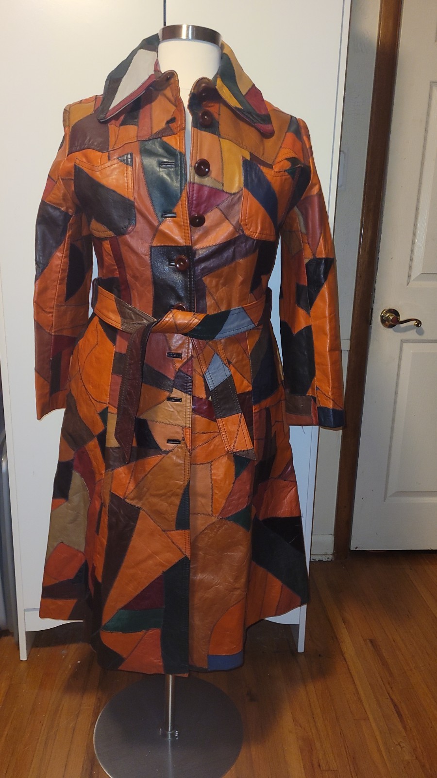 Vintage 70’s Leather Patchwork Trench Coat Sz 17/18