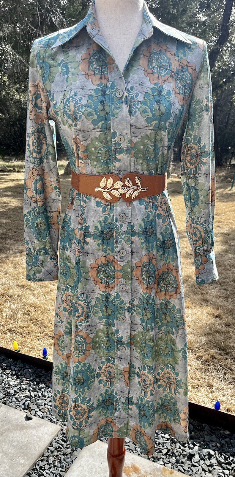 Homemade Paisley Green Long Sleeve Dress 1970s Style Vintage? 30 Waist 35 Bust