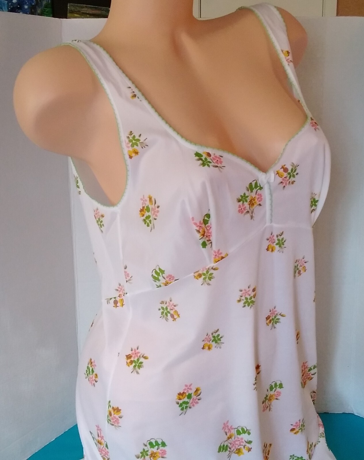 Vintage 60’s Full Slip Dress Chemise European Wide Strap Retro White Floral M