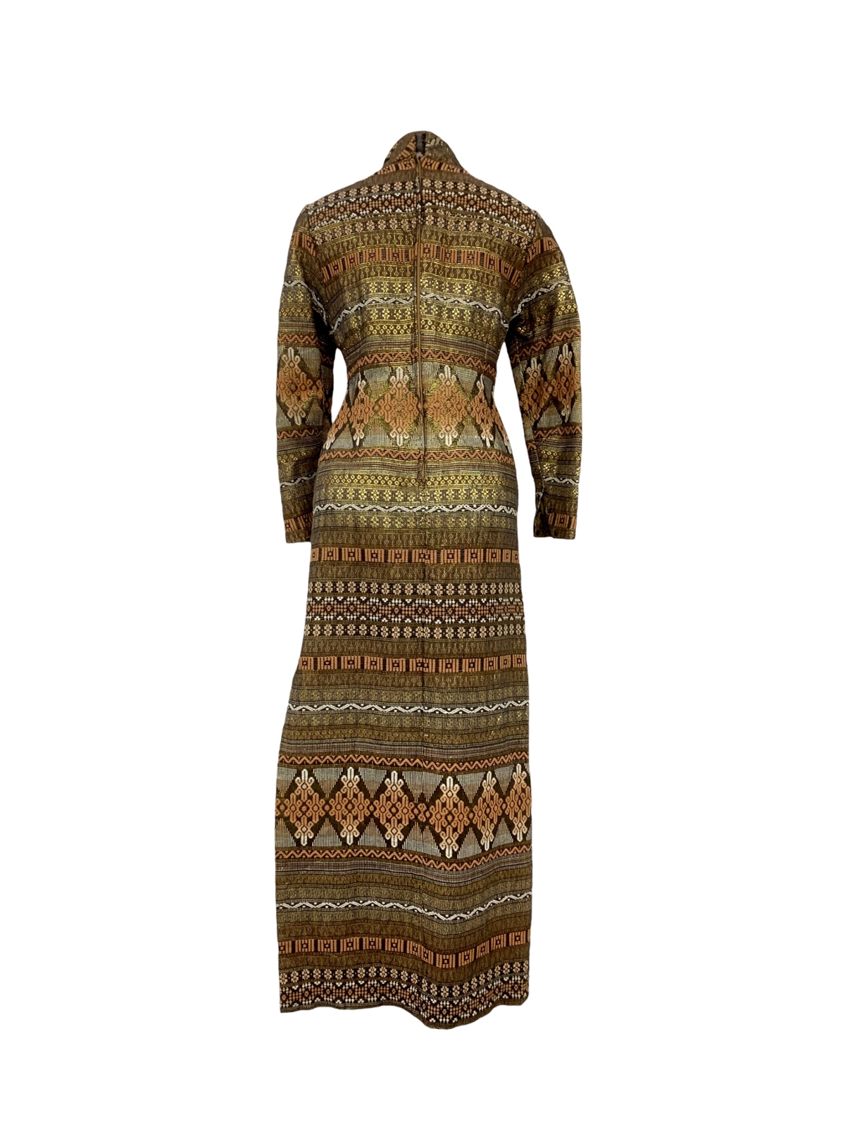Vtg Vintage 1970s 70s Woven Metallic Geometric Textile Ethnic French Lady Dress