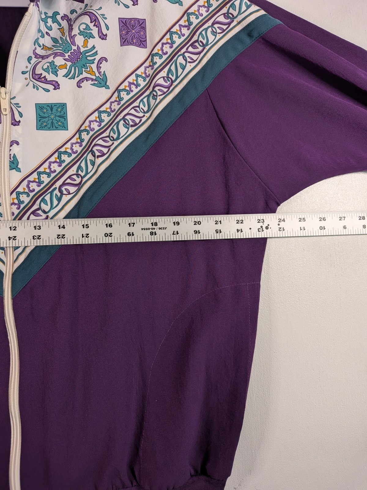 Vintage 90s Windbreaker Jacket Purple Western Scarf Print Zip Medium Teal Silky