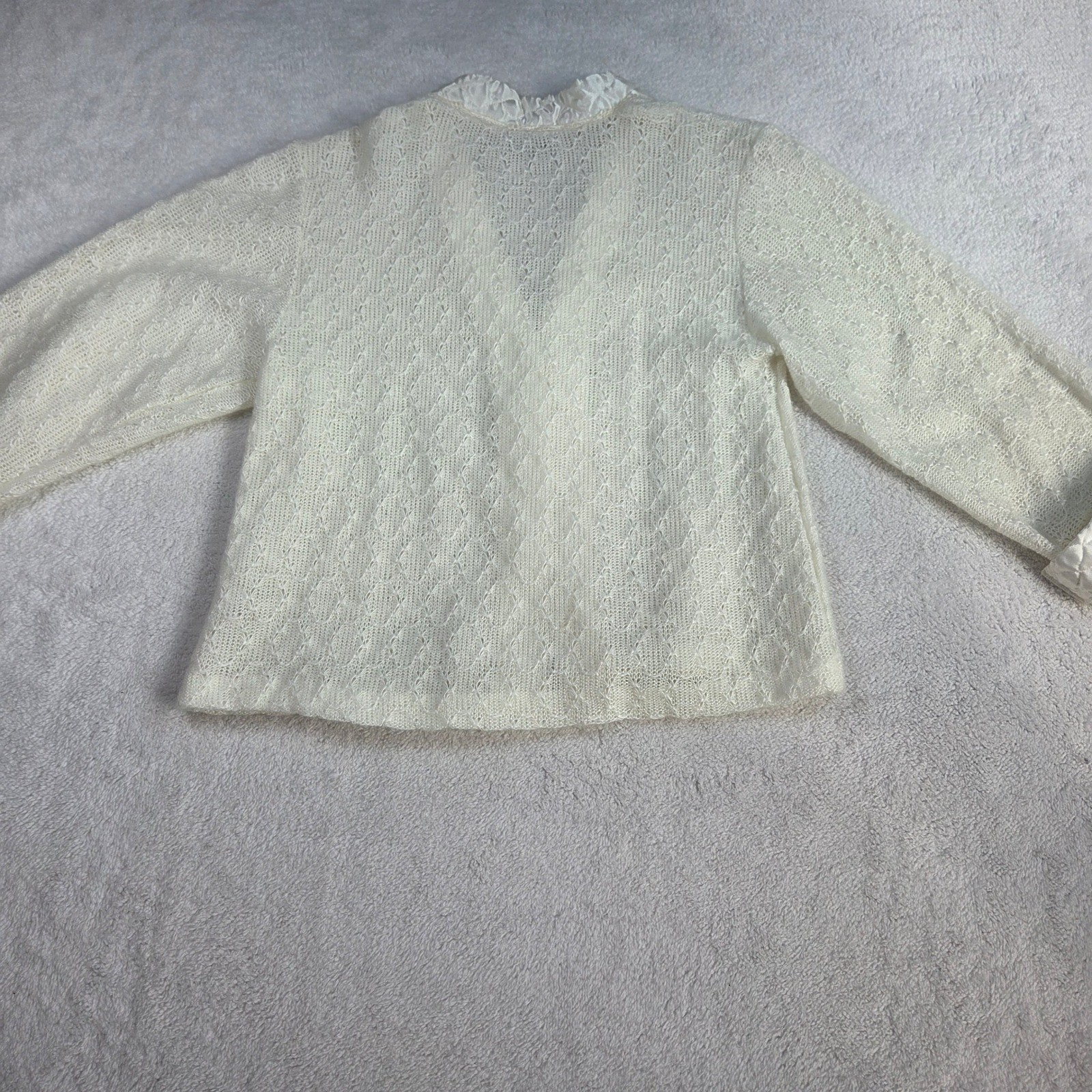 Miss Elaine At Home Vintage Ivory Lace Bed Jacket Quilted Satin Trim Tie Front L