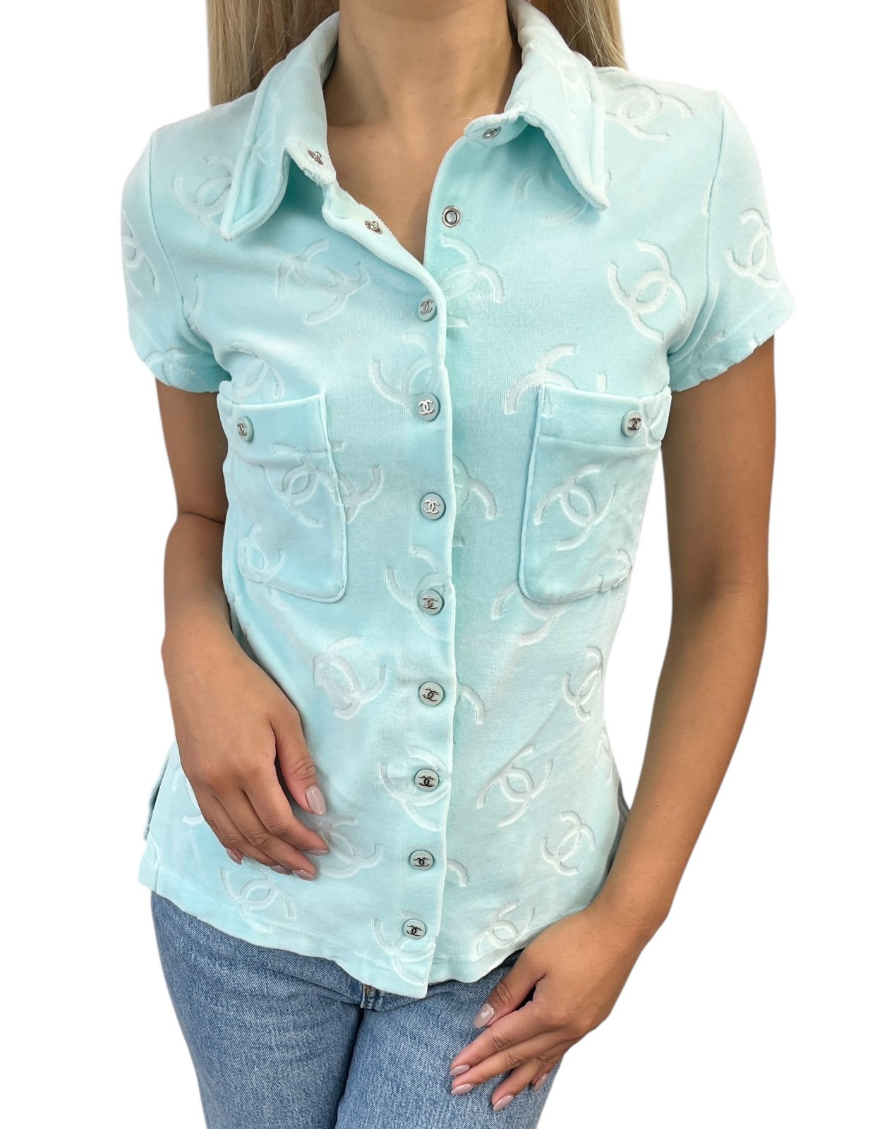 CHANEL Vintage 96A CC Logo Snap Button Velour Shirt Top #38 Light Blue