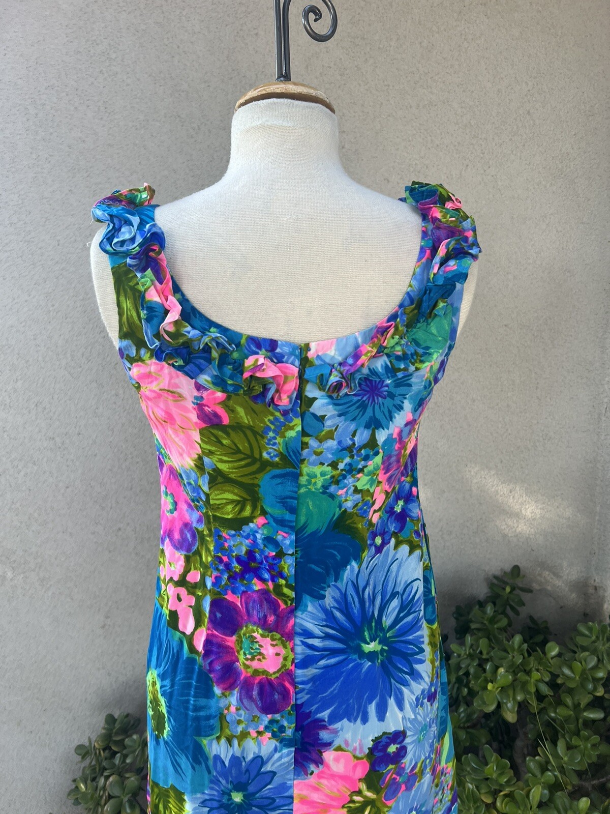 Vtg Hawaiian Luau Mini Dress Ruffle Neck Blue Floral Small By Waltah Clarke’s