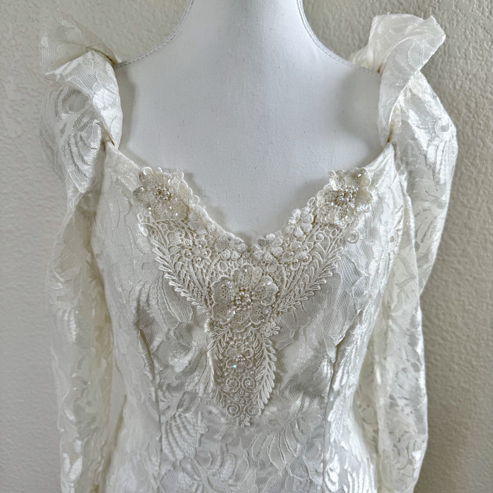 Vintage 80s Bonnell White Lace Chiffon Hi Lo Dress Wedding Prom Party Deco Sz M