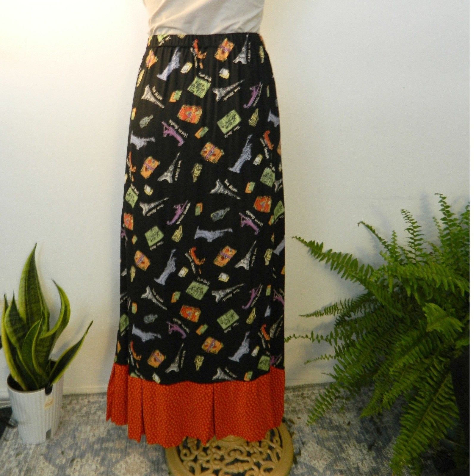 Nicole Marie Skirt Set Women XL Black Travel Novelty Print Rayon 90s Vintage USA