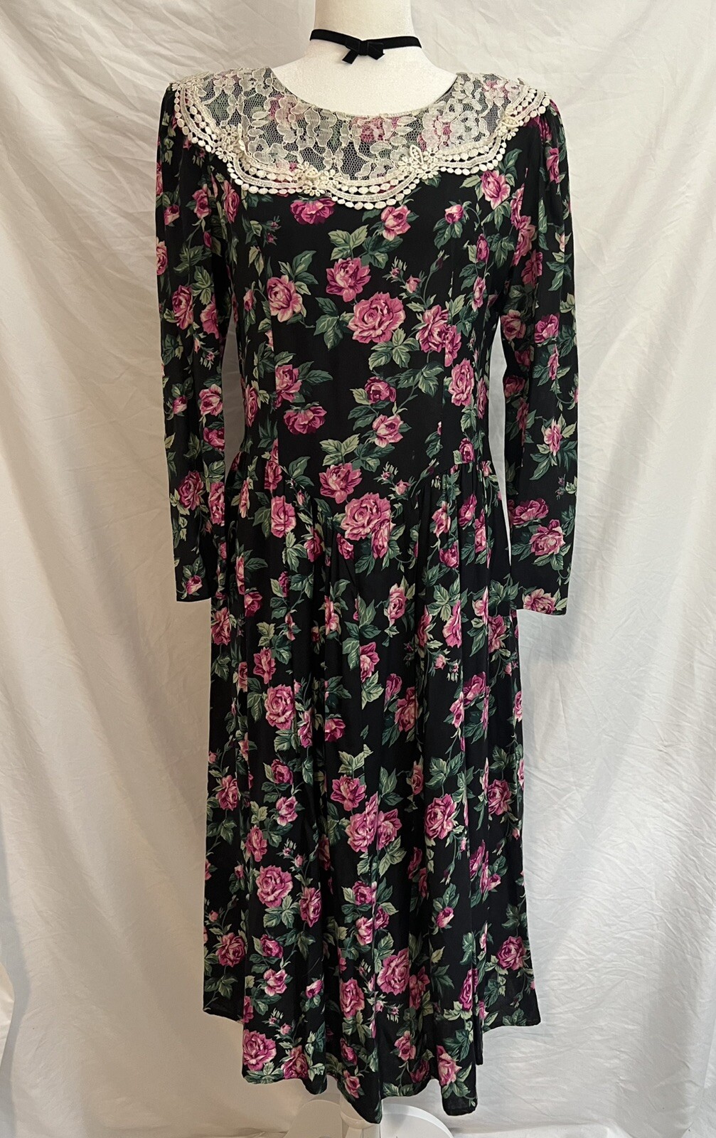 Vtg Rose Dark Floral 80s Dress Lace Gothic Princess Romantic Fairy Whimsigoth
