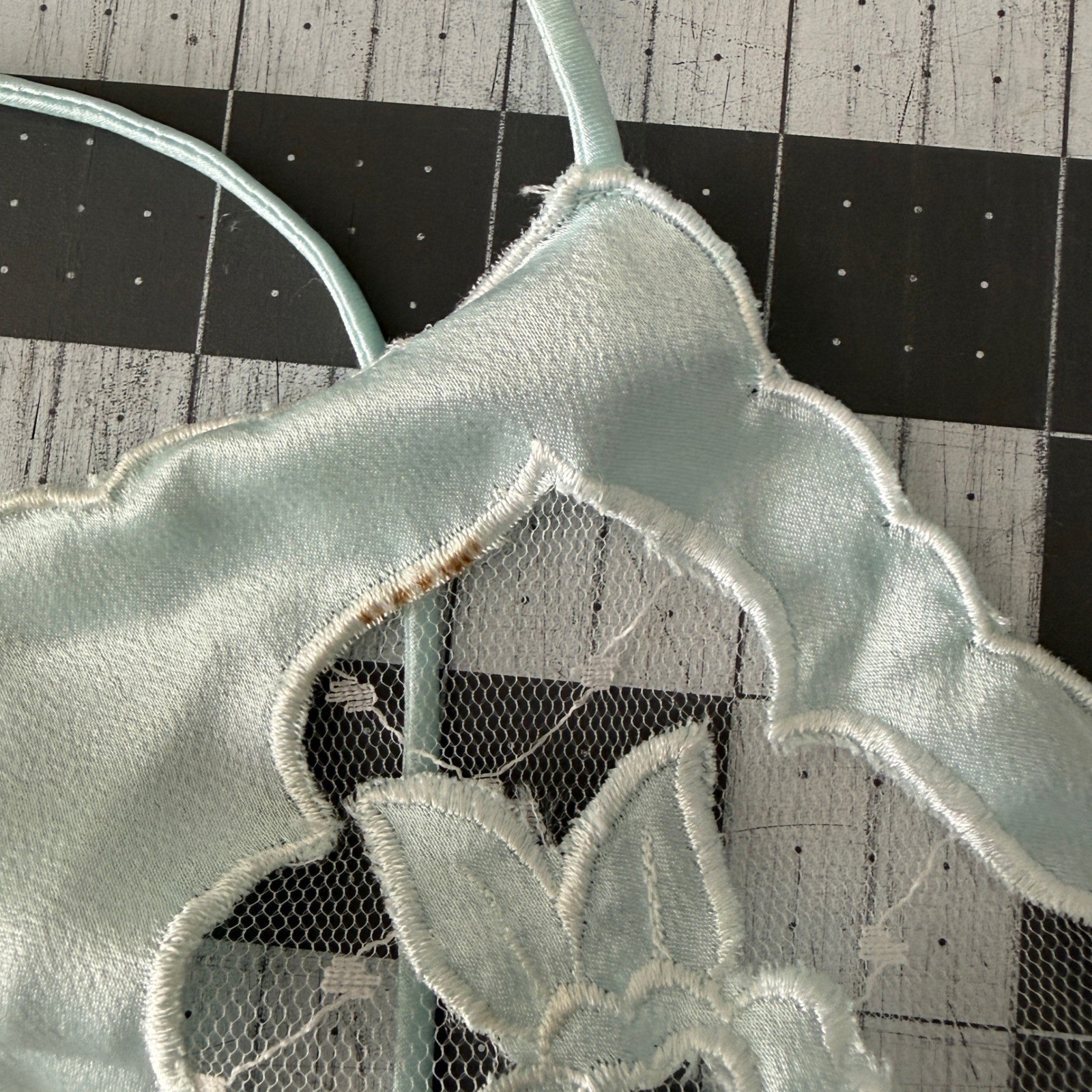 VTG Coquette Blue Satin Lace Teddy Floral Scalloped S/M Retro Bridal Soft Girl