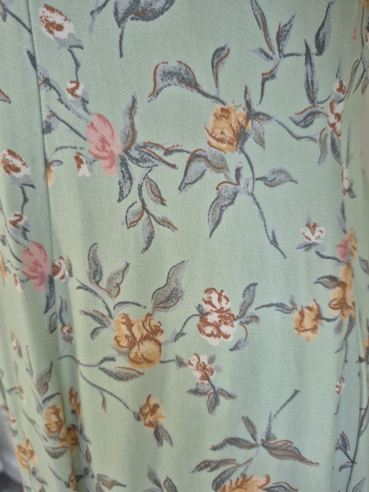 Vintage 80s Ed Michaels Rayon Tea Dress Mint Green Floral Cottagecore Midi M/L