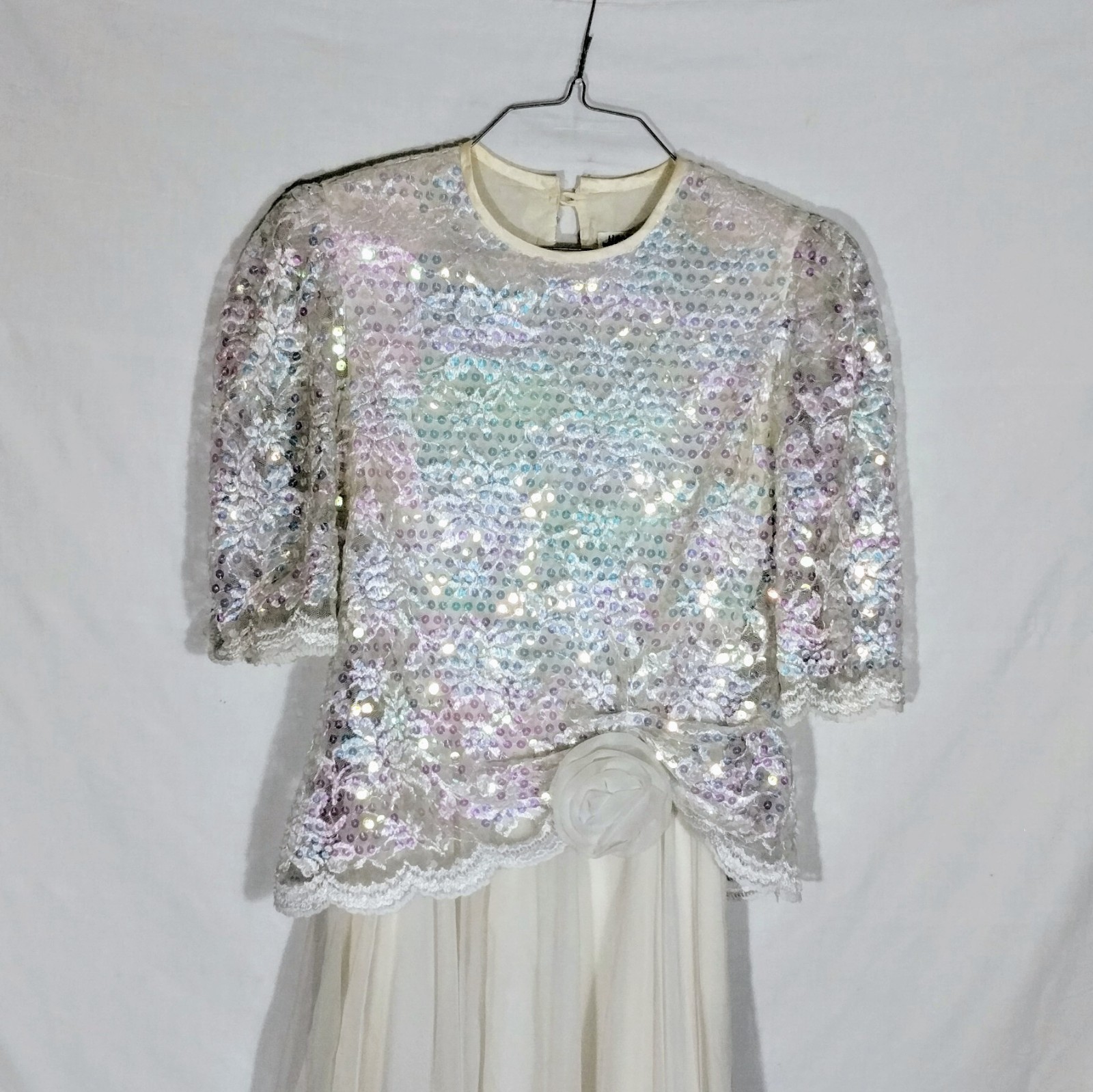 Vintage 80s Lisa Michaels Iridescent Sequin Lace Cocktail Dress Petite 8 USA