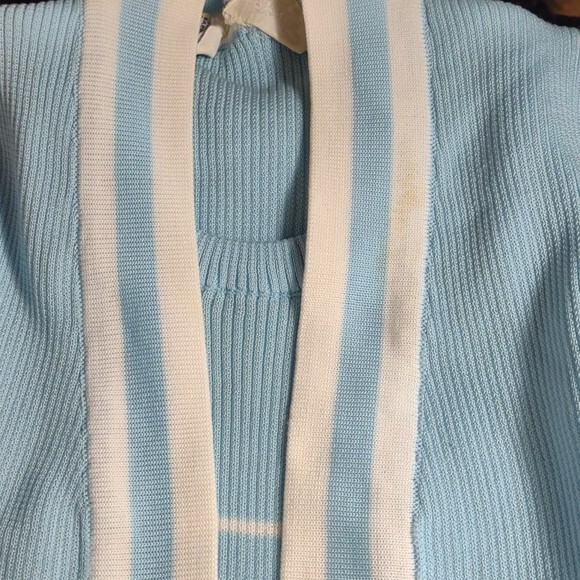 Vintage 70’s Light Blue w/White Stripes Short Sleeve Cardigan w/ Faux Tank – M