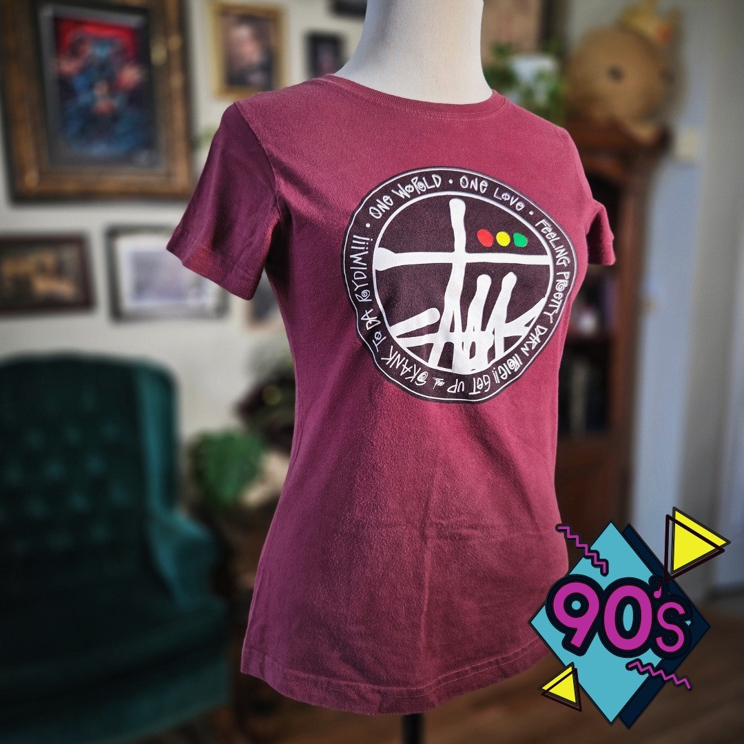 Stussy Girl T Shirt Vintage 90s M Burgundy One World Love Graphic Tee USA Made