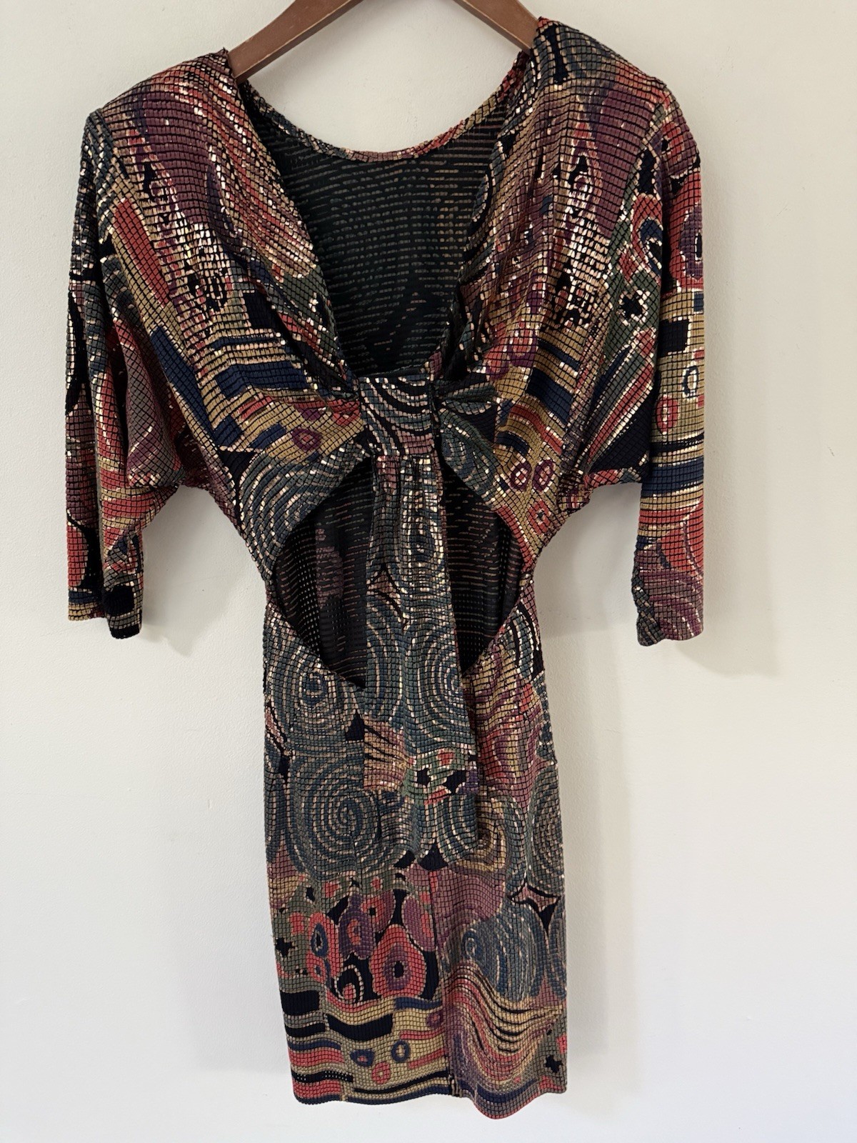 Vintage Cache Metallic Mosaic Dress Womens Size S Made In Italy 80s Midi