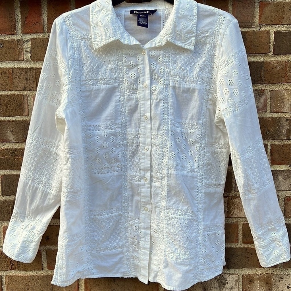 Denim & Co vintage Eyelet Lace Western Patchwork White 100% Cotton Sustainable S