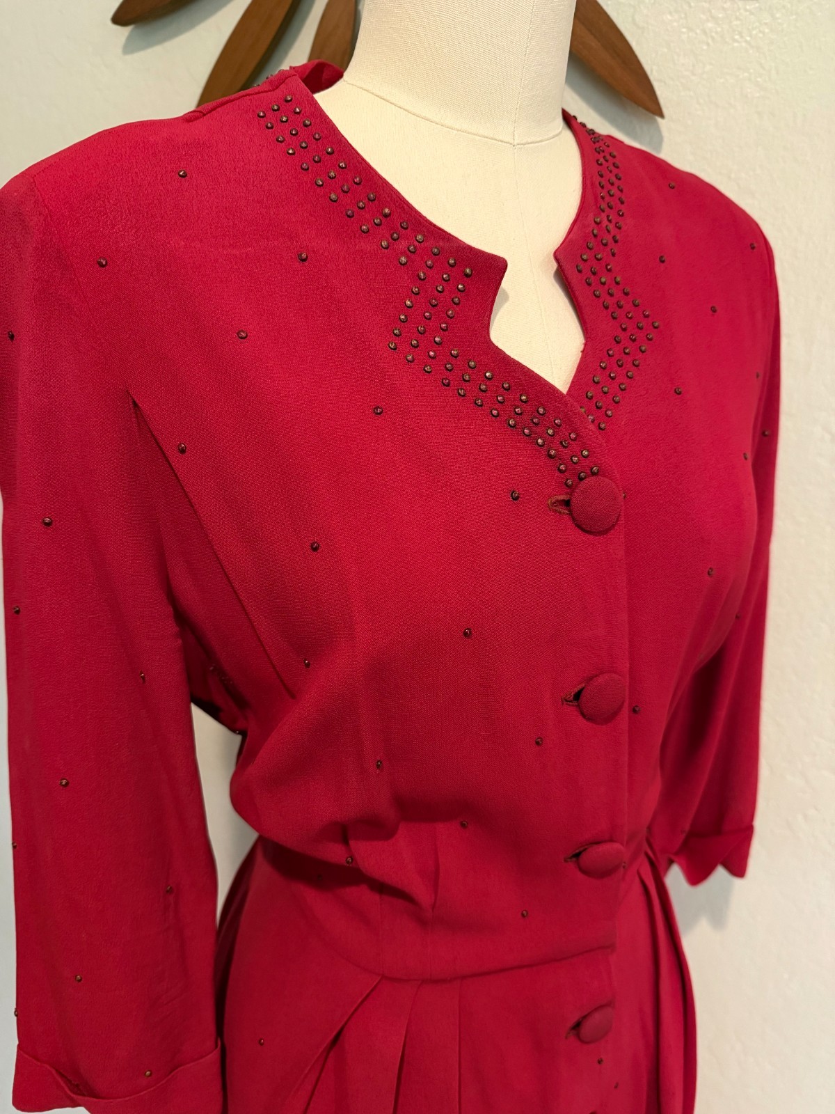 1940s Red Rayon Crepe Shirtwaist Dress with Studs Volup