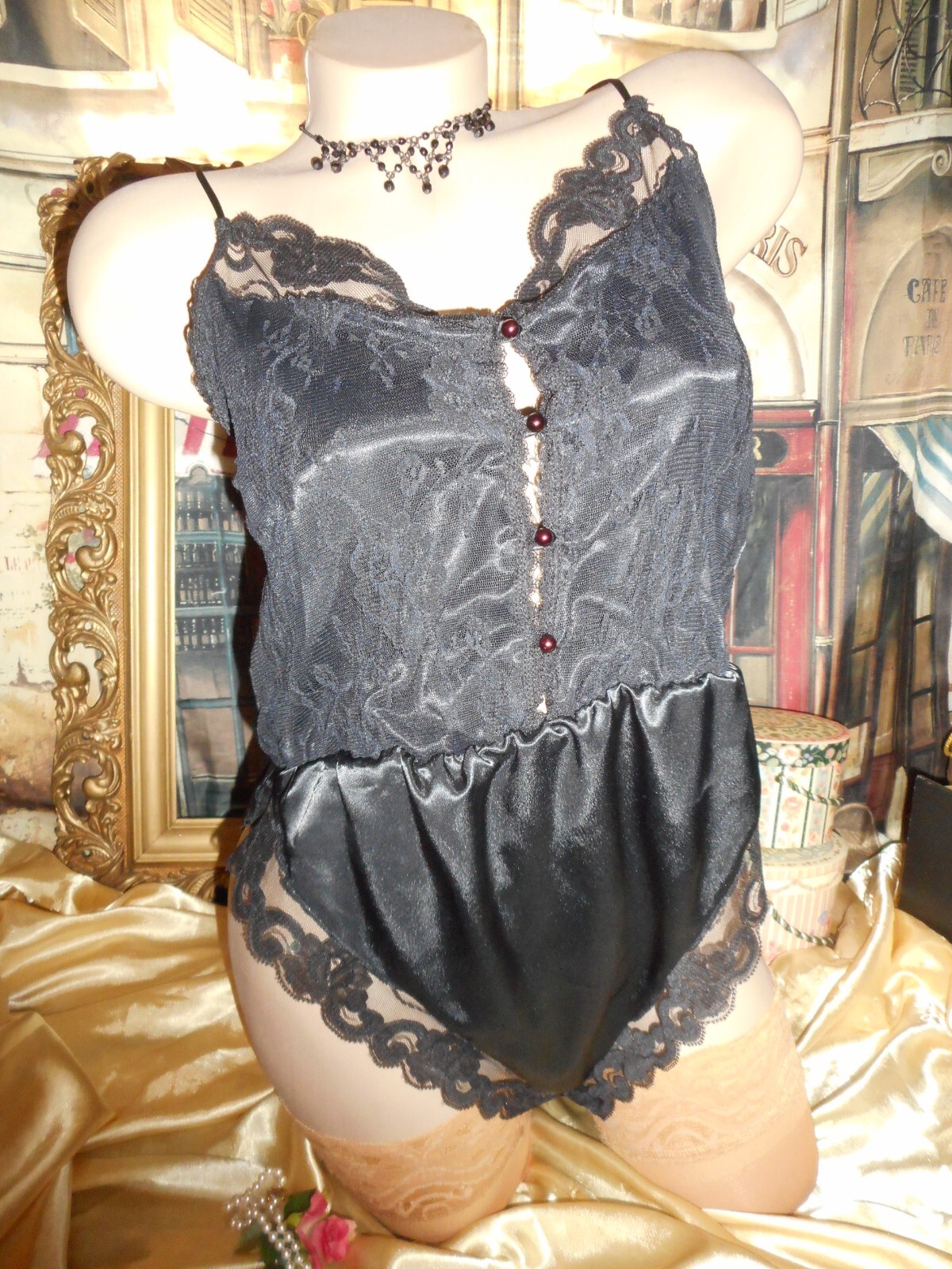 S VinTage Teddie Glossy Black Satin Hi Cut Lace over-lay Black Pearl Buttons