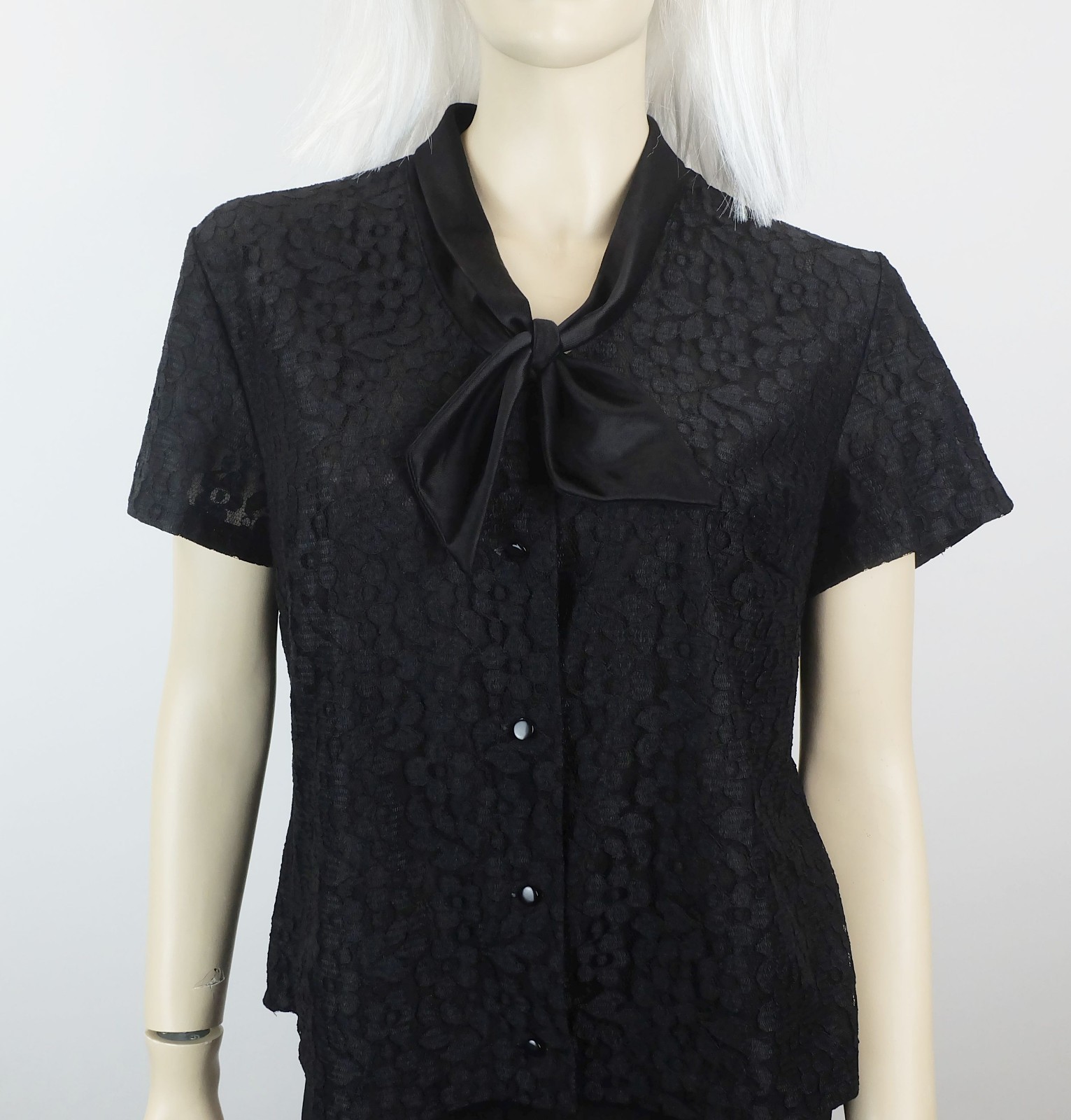 50s 60s vintage blouse women’s blouse black lace blouse with satin collar size 40