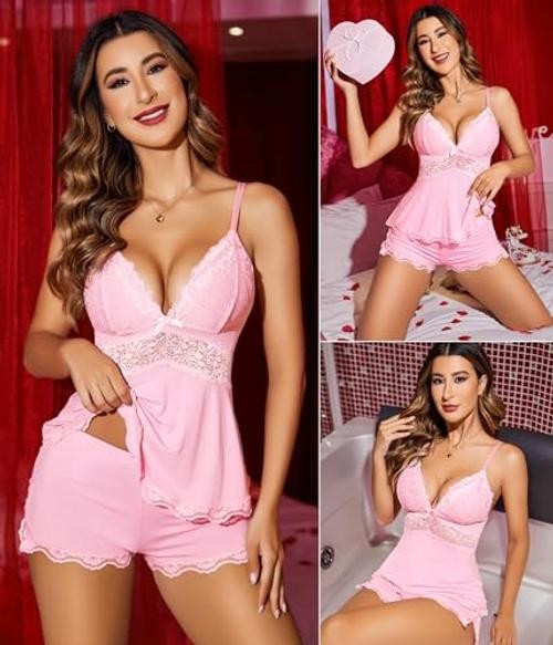 Womens Sweetness Cami Set Lace Camisole Lingerie Nightwear XX-Large 1 Pink