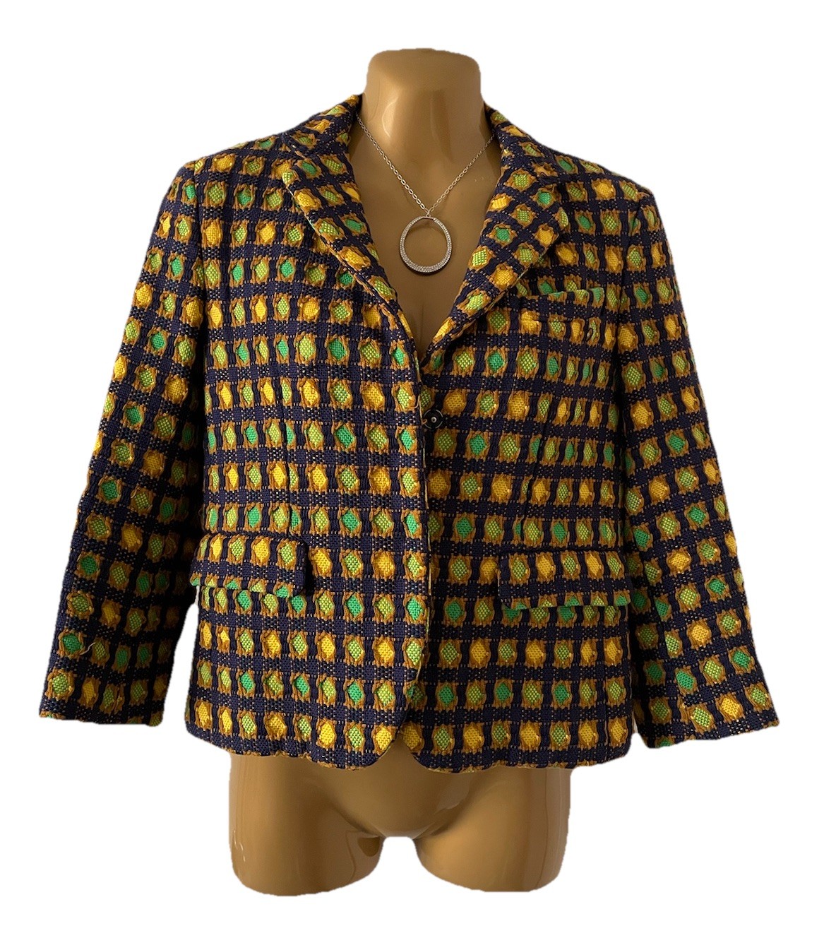 Vtg 90s PRADA Classic Tweed Textured Check Blazer Jacket Virgin Wool 40 Colorful