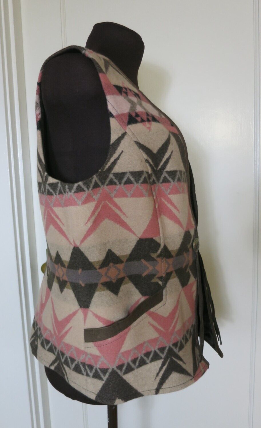 Vtg Pendleton Vest Wool Suede Trim Brown Beige Salmon Tassels Southwest Medium