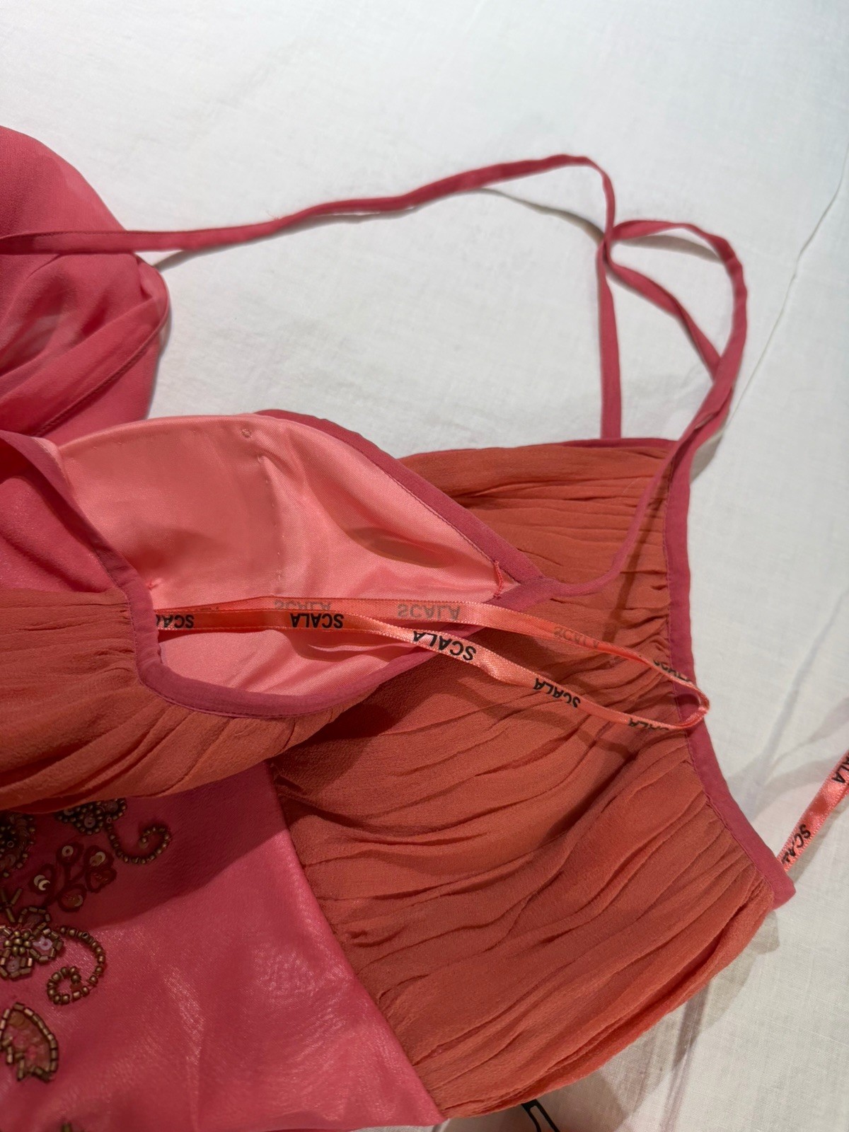 Vintage 90s Scala Coral Salmon Silk Beaded Mermaid Gown-M/L