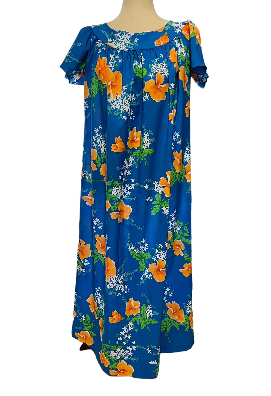 Vintage Royal Hawaiian Muumuu Long Dress Size 10 Bright Blue Orange Hibiscus