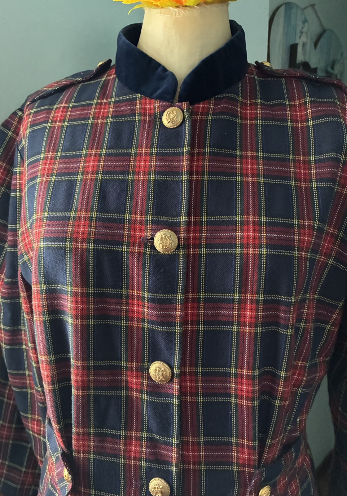 Vintage Laura Plaid 100% Cotton Dress Velvet Collar Gold Buttons USA 80s Sz 14