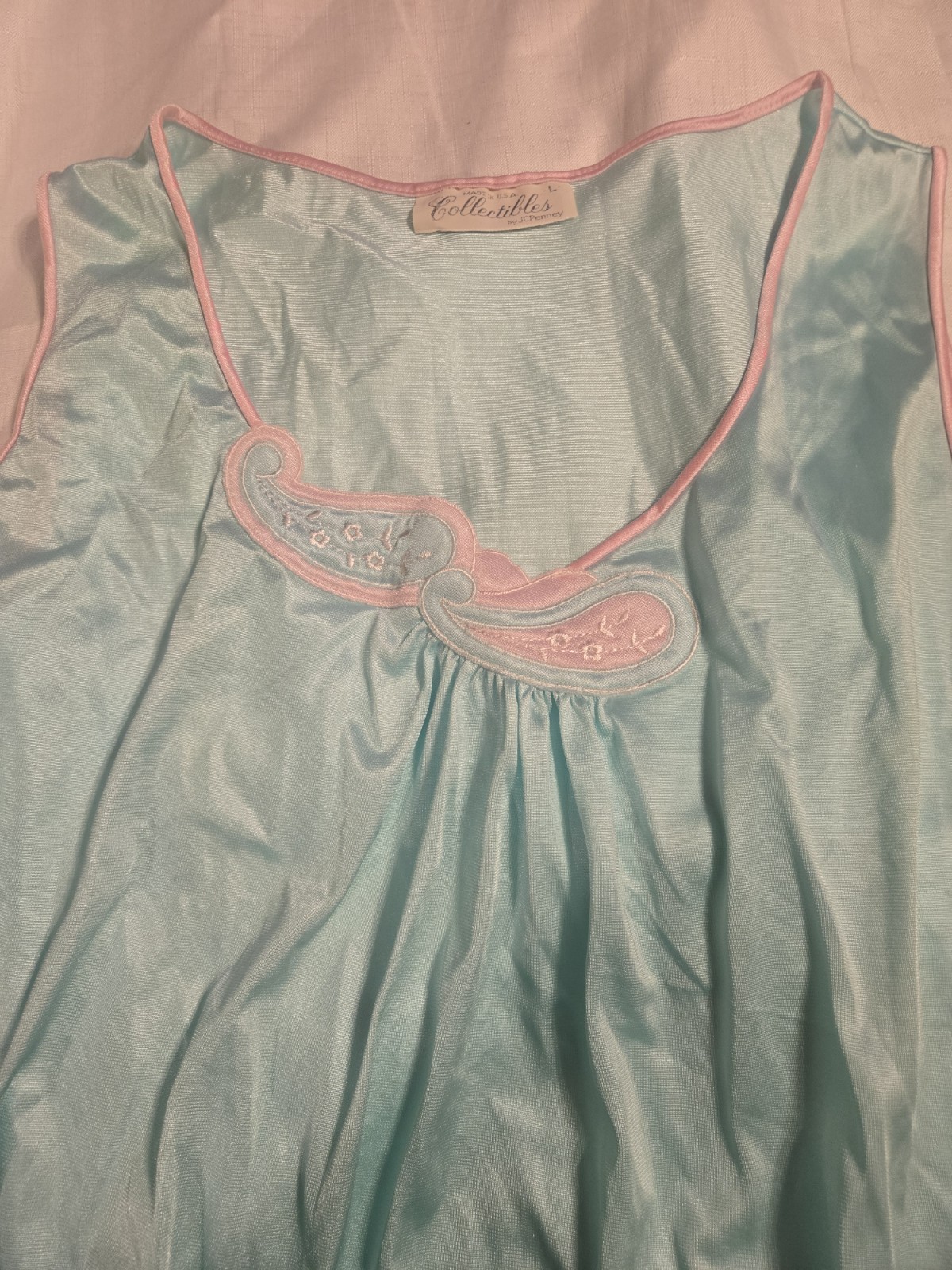 Vtg JCPenney Collectibles Aqua Blue Nylon Tricot Nightgown Embroidered Sz L