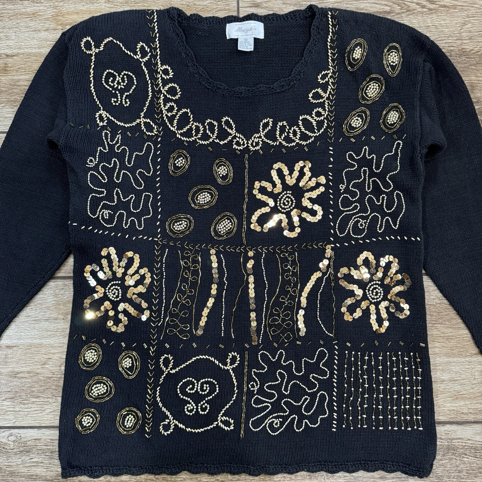 Vintage 80’s Black Gold Beaded Sequin Sweater Size Small Grandmacore Margules