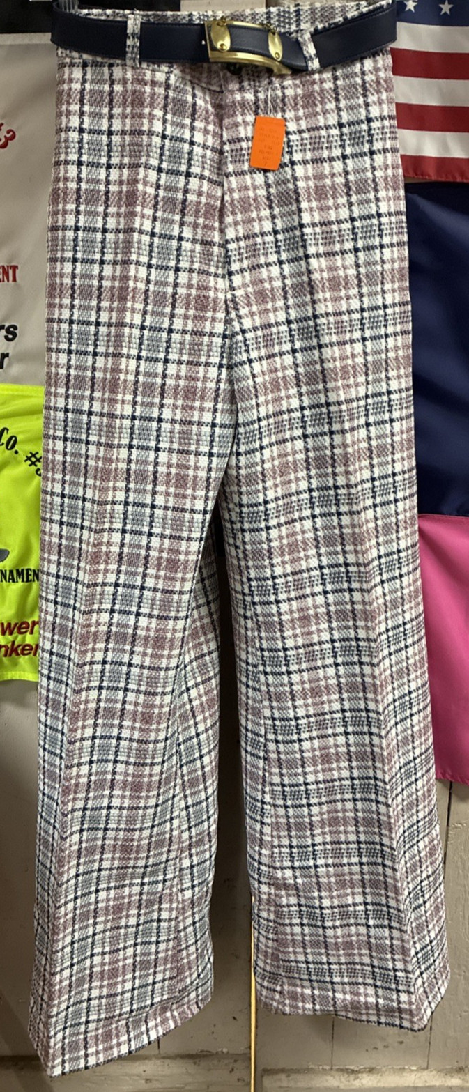 Vintage 1970s Plaid Women’s Bell Bottoms Pants Size 7 w/Belt – with Tags