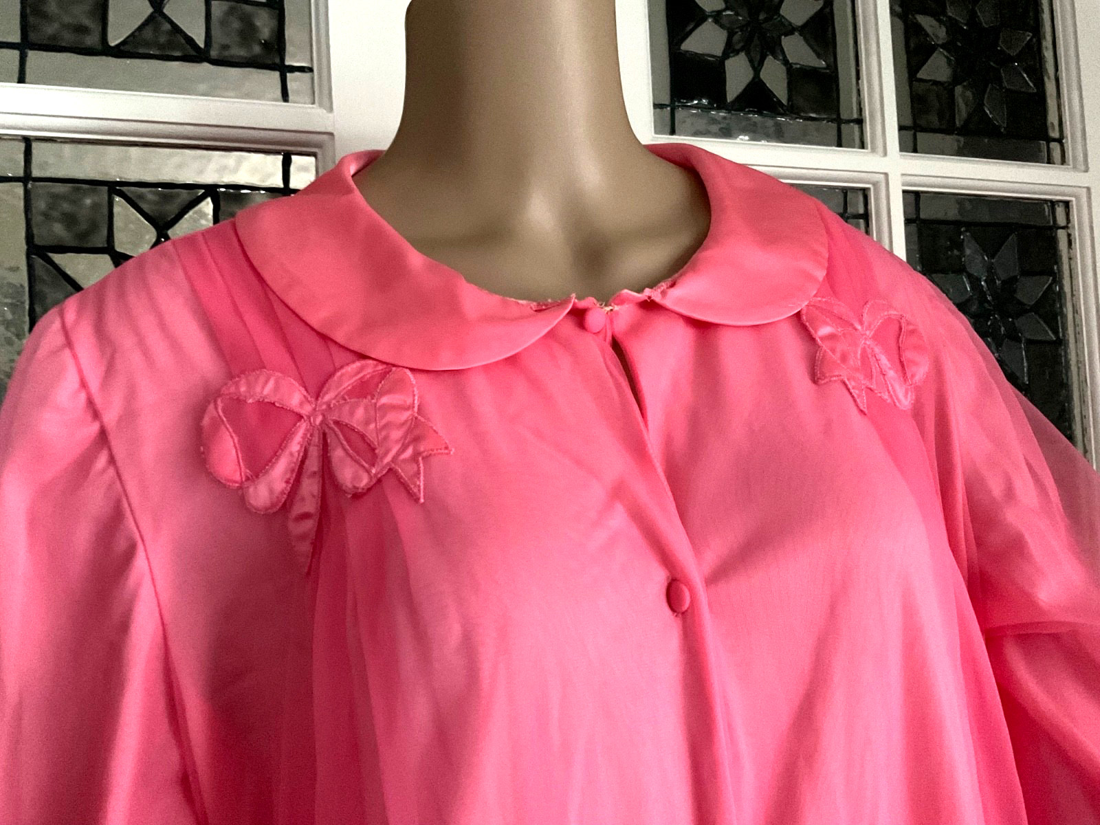 Vintage Robe Dressing Gown Double Layer Sheer Pink Nylon Chiffon Peignoir Robe M