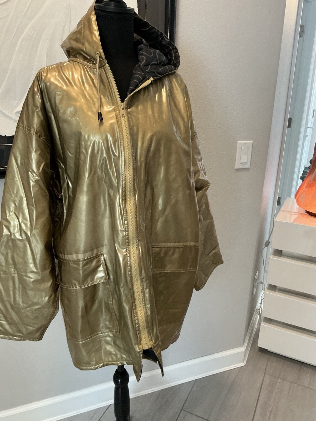 Vintage 1970S Wippette Gold Metallic Hooded Vinyl Raincoat Jacket L USA