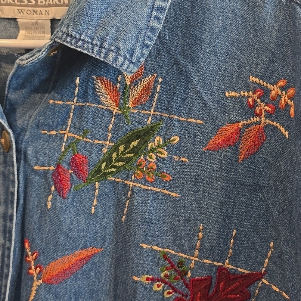 Vintage Dress Barn Denim Shirt Womens 3X Embroidered Leaves Boho Western Fall