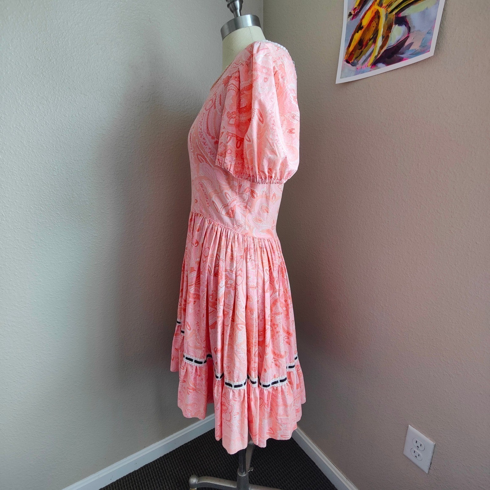 Vintage 60s 70s Handmade Pink Paisley Dress Square Dance Circle Prairie Western