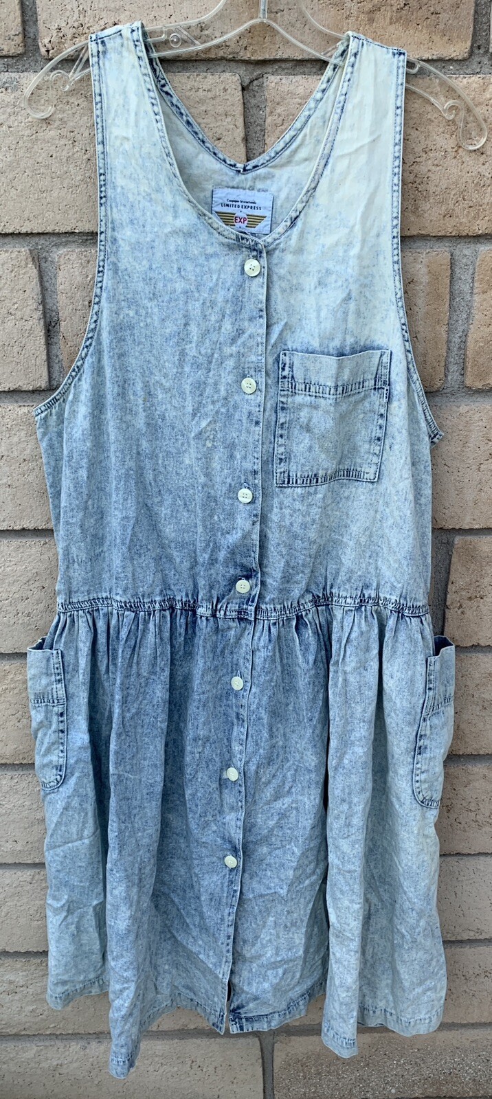 Vintage Limited Express EXP Acid Wash Denim Jumper Dress Pockets 1980s Size L