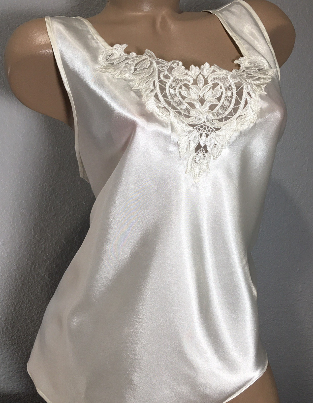 Vtg Fair Ivory Wide Lace shiny Satin Camisole Lady XL