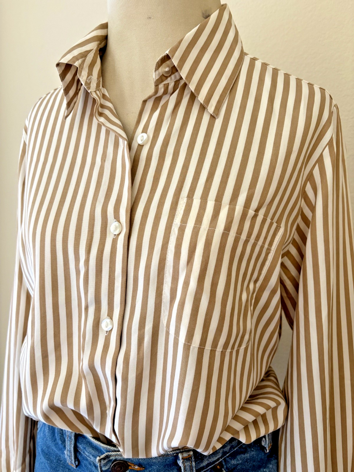 Vintage 1990s Silk Nude Striped Button Down Blouse M Sleek Minimalist Polished